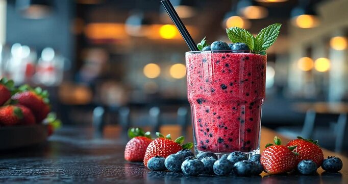 Refreshing berry smoothie in a vibrant caf? setting with fresh fruits on the table