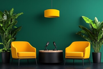 Podcast studio, yellow chairs, green walls, plants