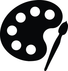 Fototapeta premium Black and white silhouette depicts a paint palette with circular wells alongside a paintbrush