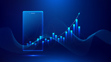 Smartphone displays growing bar chart on blue digital background, representing stock market or financial growth. This vector design highlights business and trading concepts with futuristic style.