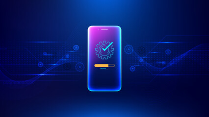 Futuristic mobile phone with progress update bar, checkmark and gear icon on screen, set against blue background with digital technology elements. Mobile application security and software development.