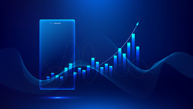 Smartphone displays growing bar chart on blue digital background, representing stock market or financial growth. This vector design highlights business and trading concepts with futuristic style.