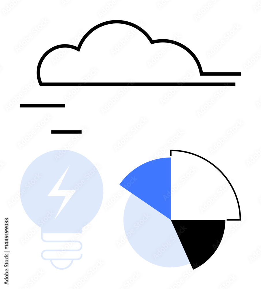 Poster cloud with horizontal lines, lightbulb symbol for idea and energy, pie chart for analytics. ideal fo