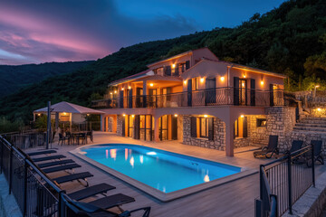 Luxurious Villa with Sparkling Pool Nestled Amongst Lush Hills at Twilight