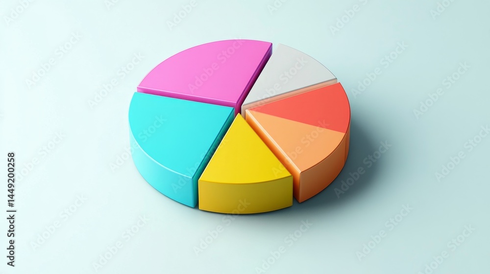 Poster an elegant d pie chart with color-blocked parts in vibrant shades, designed for a simple yet strikin