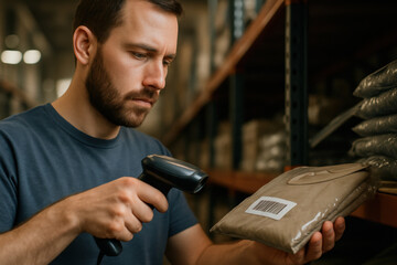 Focused worker scanning product barcode in warehouse setting, ensuring inventory accuracy