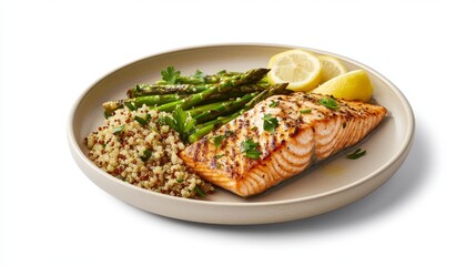 A clean plate of grilled salmon, sauted asparagus, and a side of quinoa, garnished with lemon wedges and fresh parsley