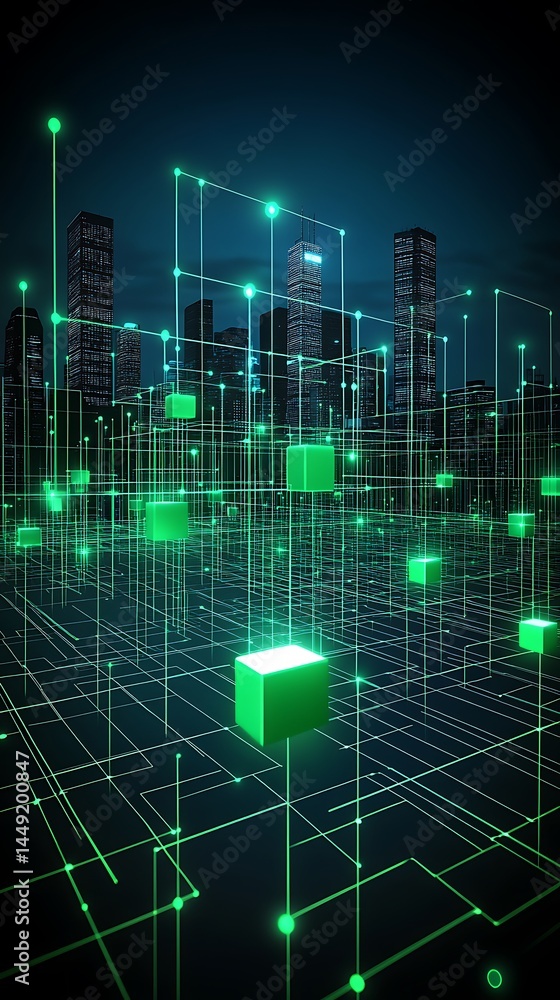 Poster city data network concept with illuminated cubes and glowing lines