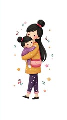 Loving Mother Carrying Toddler Pastel Pixel Art Illustration