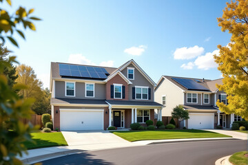 Obraz premium a photo of solar panels on house roof.