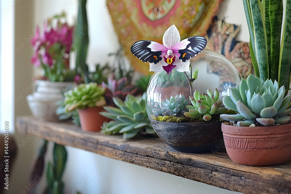 Poster display of potted succulents and orchids on a rustic shelf.