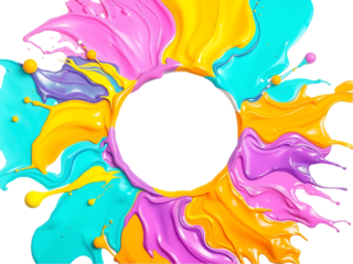 Abstract Colorful Paint Splashes with Central Circular Frame on a transparent background