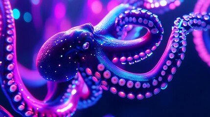 A glowing octopus with vibrant pink and blue tentacles in a dark scene