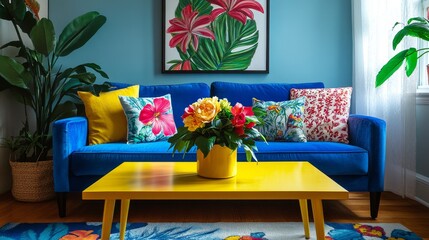 Bright living area with a blue partal, cheerful pillows, floral art, and yellow coffee table with fresh blooms