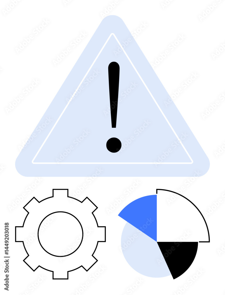 Poster exclamation mark inside a triangle symbolizes caution. gear represents process, and pie chart signif