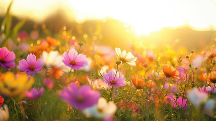 Fototapeta premium Vibrant flowers in a field bathed in golden sunlight. Colorful cosmos blossoms in a meadow at sunset