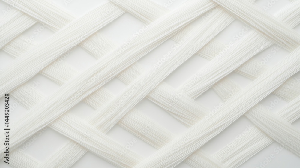 Poster white threads are intricately woven in a crisscross, lattice pattern, creating a textured, geometric