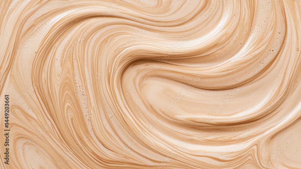 Poster swirling beige and brown liquid texture with smooth, marbled patterns and subtle bubbles.