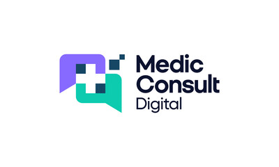 Medical consultation logo design. Cross Sign Medical vector design with chat bubble with digital pixel shape graphic icon symbol