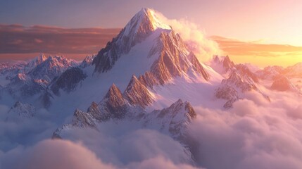 Early mountain sunrise above clouds, golden light touching peaks and sunset