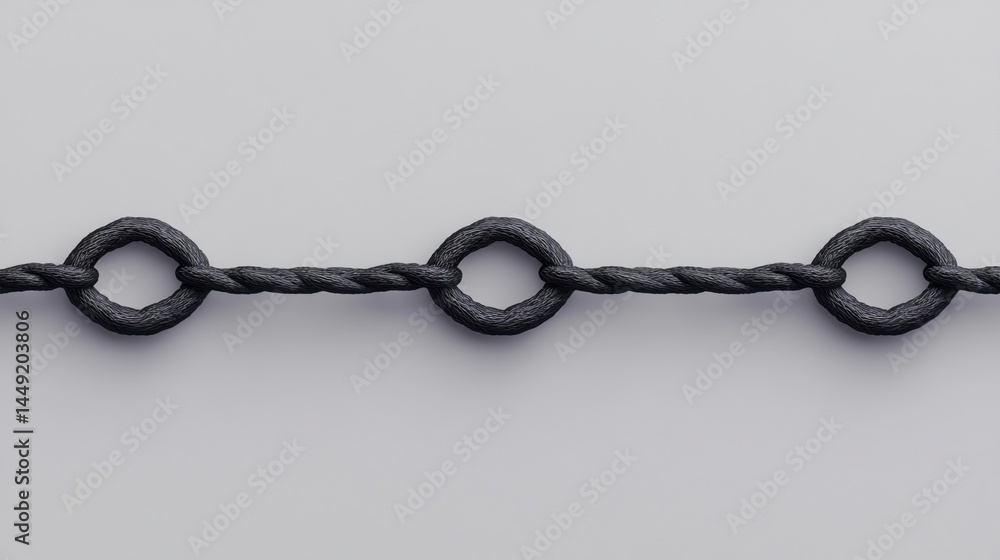 Aufkleber a twisted black metal chain with circular links is displayed horizontally on a plain, light backgrou