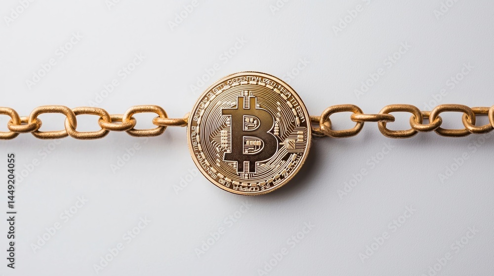 Poster a gold bitcoin coin is linked in the center of a golden chain, symbolizing blockchain technology and