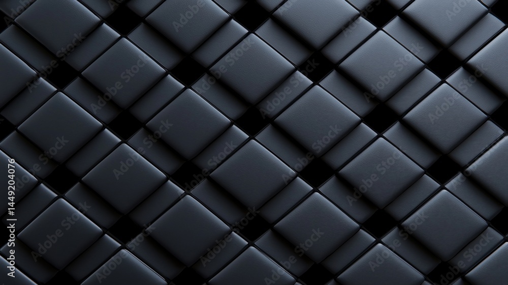 Poster a geometric pattern of dark, padded squares arranged in a diagonal, grid-like design with a modern, 