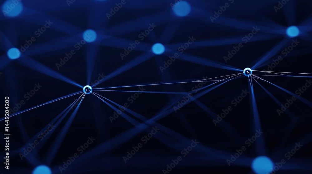 Poster abstract digital network with glowing blue nodes and connecting lines on a dark background.