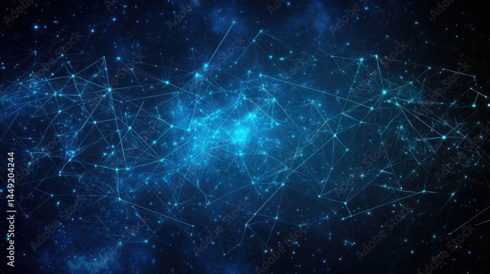Poster abstract network forms glowing blue constellations within the infinite expanse of starry space