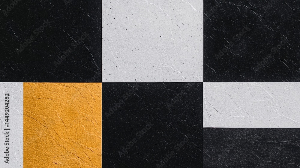 Poster abstract textured pattern with black, white, and gold rectangular tiles arranged in a geometric grid