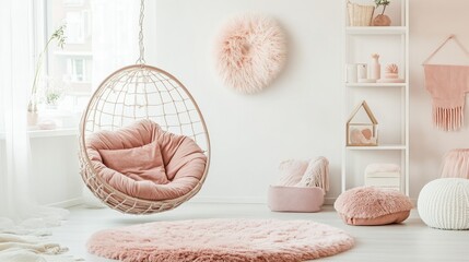 interior with a plush pink partal, fluffy rug, pastel cushions, and minimalist shelves in soft light
