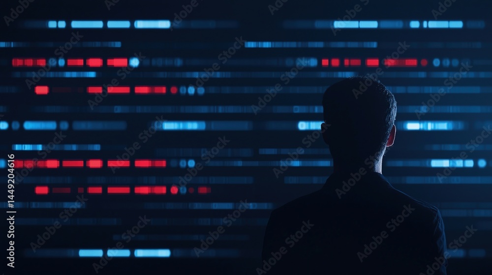 Poster a person silhouetted against a screen displaying colored digital code lines, evoking themes of techn