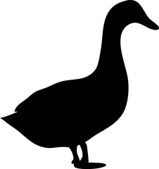 Duck silhouette vector in side view. Minimalist black duck outline icon, ideal for wildlife bird clipart, nature-themed graphics, and isolated duck design projects.
