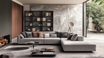 Light-toned living room with gray sofa, marble fireplace wall, and open shelving. Neutral decor and modern accents tie the space.