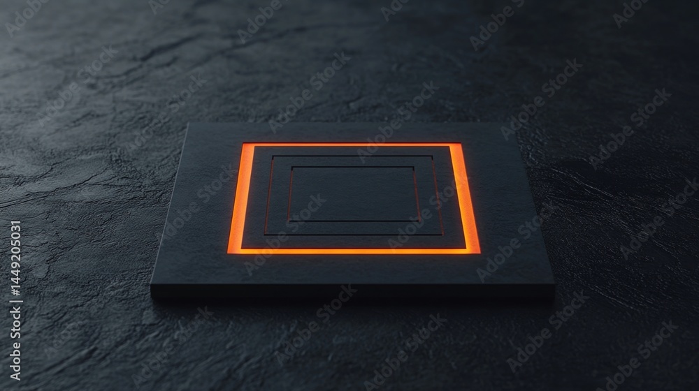 Poster a sleek black square with glowing orange inner edges sits on a textured dark surface, creating a mod