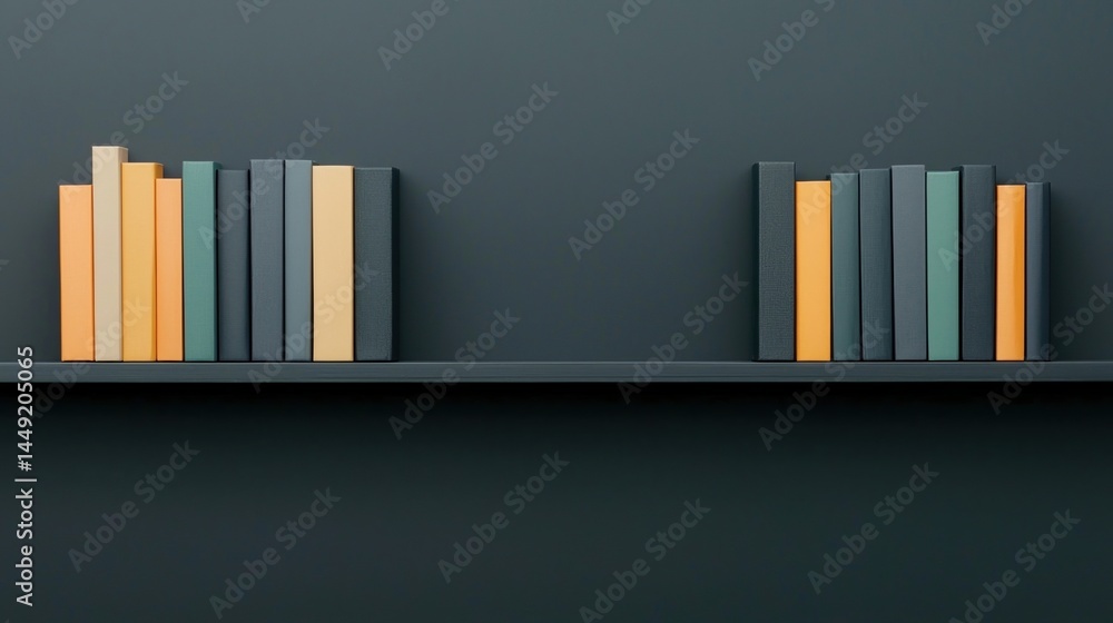 Poster minimalist bookshelf with neatly arranged books in various colors on a dark wall.