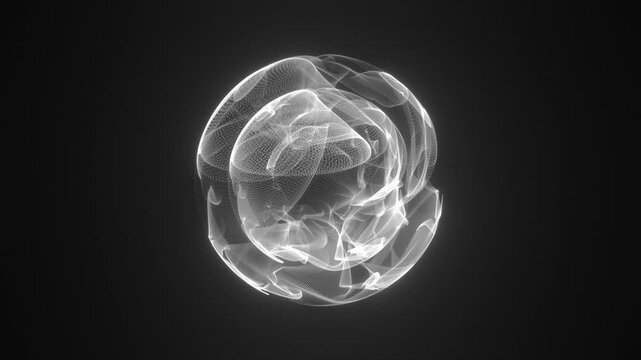 Abstract 3D animation of a glowing white orb made of swirling particle rings on a black background. Futuristic and minimal monochrome background