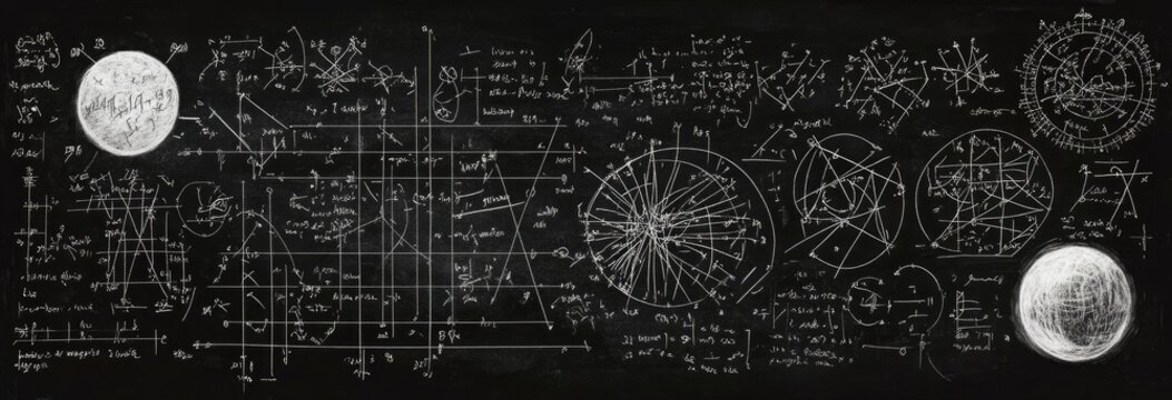 Abstract physics blackboard displays complex mathematical formulas and diagrams in stark white detail