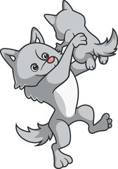 big wolf is joking with little wolf, big wolf hugs little wolf