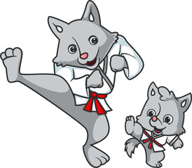 The big wolf teaches the little wolf the sport of karate