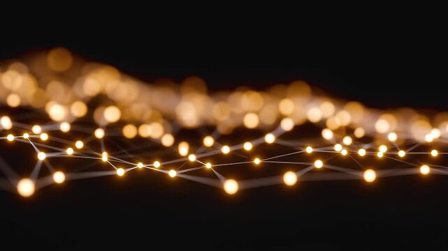 Light infused glowing web of digital connections forming abstract technology network with warm tones and dynamic glowing effects