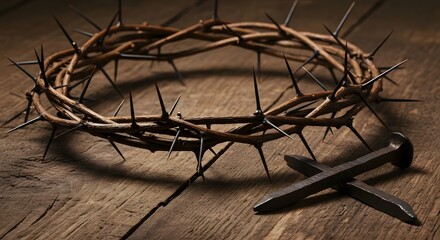 Crown of Thorns and Iron Nails on Rustic Wooden Background Still Life