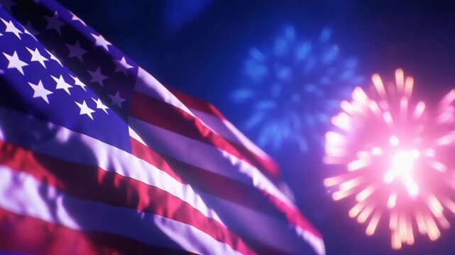 Animation The American flag waving in the wind with fireworks in the background, celebrating the USA national holiday on July 4th in a festive concept