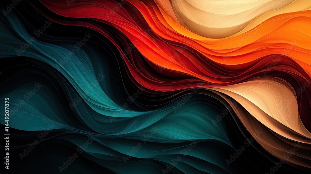 Poster abstract waves flow, creating dynamic movement with teal, red, and orange color gradients