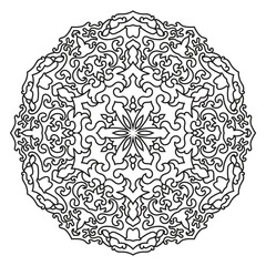 Ornamental floral mandala design in black and white line art, ideal for coloring pages, meditation art and tattoo
