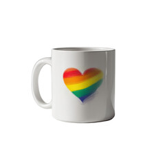 Colorful Heart Design on White Coffee Mug in Rainbow Palette Isolated on a Transparent Background