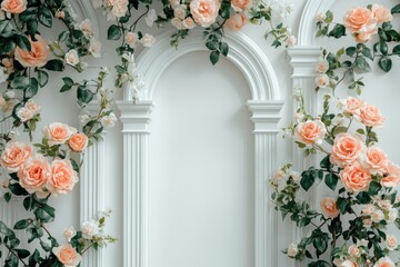 A romantic floral archway adorned with peach roses.