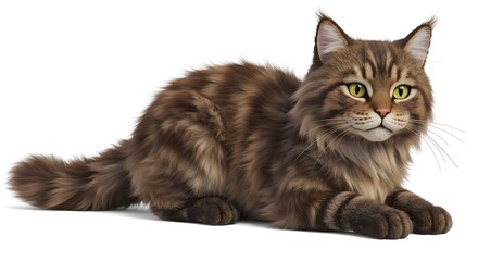 Obraz premium Laying Brown Maine Coon Cat Relaxing on a White Background