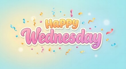 Happy Wednesday Celebration with Colorful Confetti and Cheerful Typography
