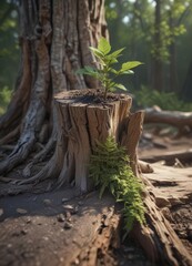 Fototapeta premium A tenacious young plant pushes through weathered stump , woodland, macro